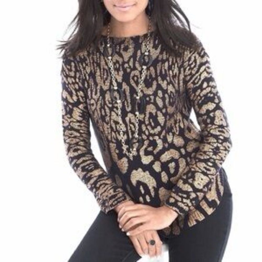 Chico's Navy and Gold Foil Shine Animal Print Sweater